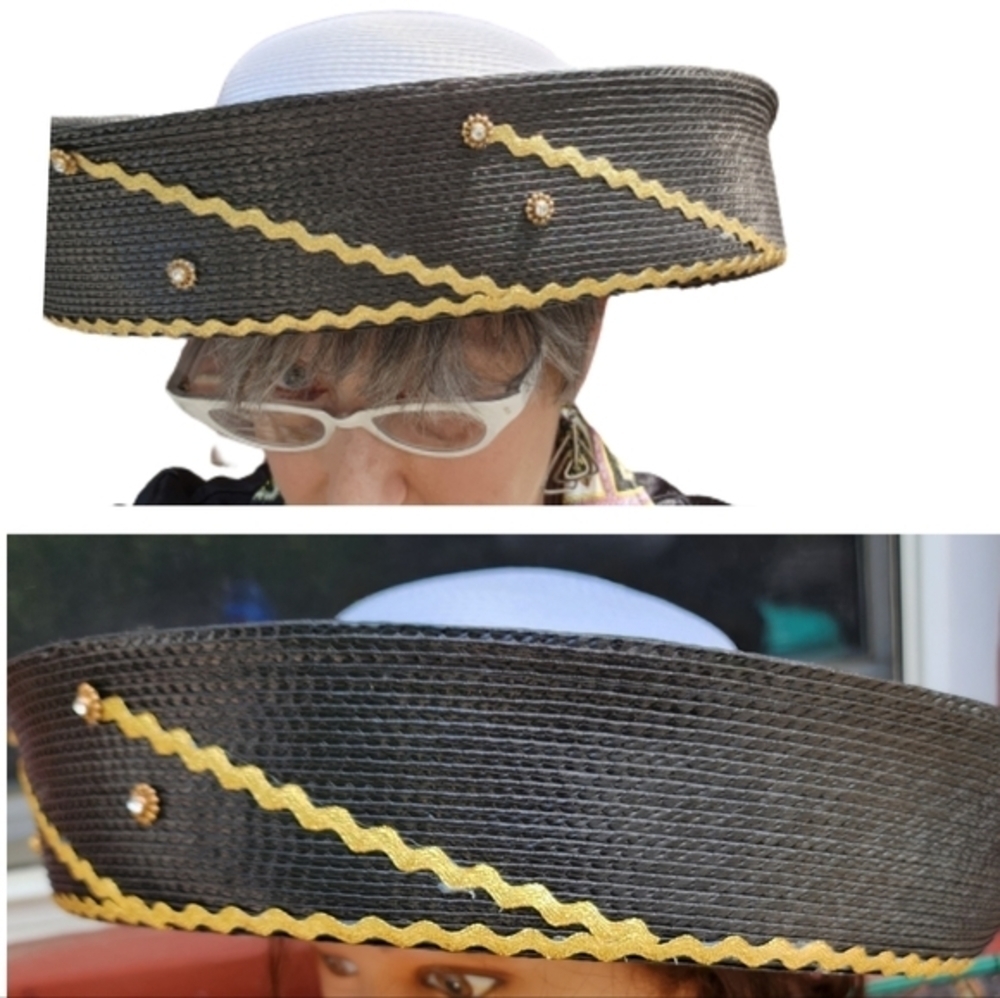 Vintage Italian Wide Brim Straw Hat Black Gold Trim Statement Sun Hat - Picture 3 of 16